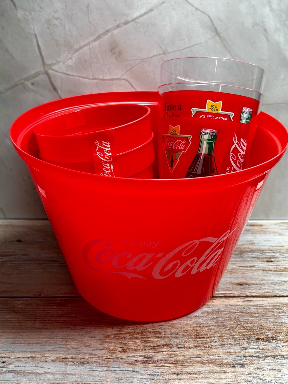 Coca-Cola Hard Plastic Bucket 9W x 6H & NEW Set Of 4 cups